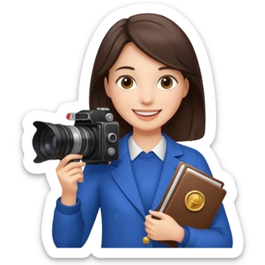 A brunette girl , she’s a proud and successful filmmaker 🍿🌍✨ she’s next to a camera, / holding awards  sticker