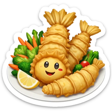 Tempura Cinematic Realistic Tempura Dish Emoji, depicted as extra crispy, lightly battered seafood and vegetables, rendered with vivid textures and dynamic, bright lighting. sticker