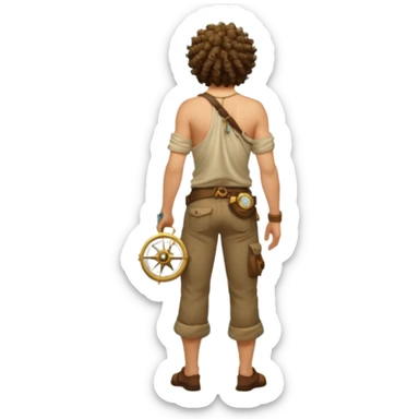 full body jungle explorer man, curly hair, from behind, half-open shirt slipping off shoulders, relic compass in hand sticker