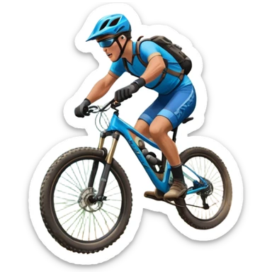 An icon featuring a mountain bike with thick tires on a rugged trail. A cyclist in a helmet rides downhill, kicking up dust. The background showcases a breathtaking mountain landscape with green slopes, rocky peaks, and a bright blue sky. Transparent background emphasizes adventure and speed sticker