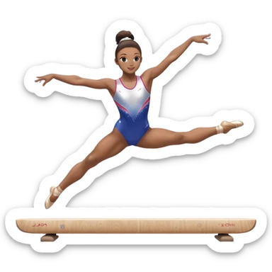 A gymnast performing a flawless routine on the balance beam, showcasing strength and grace. The scene captures the precise, elegant movement with perfect balance and form. The background features a gymnastics arena with vibrant lighting and cheering crowds, emphasizing athleticism and poise. sticker