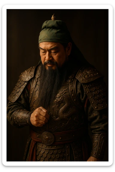 Guang Gong (Guan Yu) nodding, dignified, wearing traditional Chinese armor, long beard, respectful gesture, clear expression, detailed, cinematic lighting sticker