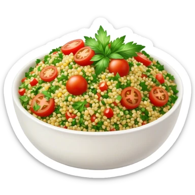 Cinematic Realistic Tabbouleh Salad Dish Emoji, showcasing a fresh herbaceous salad with bulgur, tomatoes, and parsley rendered with crisp textures and natural, vibrant lighting. sticker