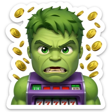 disheveled hulk losing money at a slot machine, panicked face, coins flying sticker