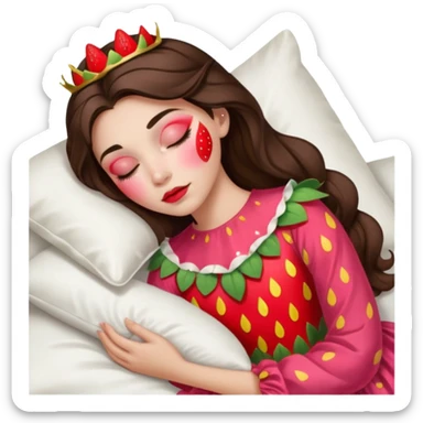 sleeping beauty brunette white girl with a silk pillow strawberry dress with her face painted strawberry sticker