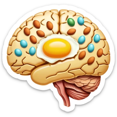 Glowing brain near a shimmering liver, with choline-rich foods floating around them: eggs with bright yellow yolks, clusters of almonds, cuts of lean meat, and dairy products. Golden connections flow between the foods and organs, showing the pathway of this essential nutrient. sticker