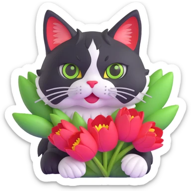 tricolor fluffy cat with big green eyes holding red tulips in her arms sticker