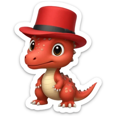 A very cute and adorable anthropomorphic baby dinosaur with a red top hat sticker