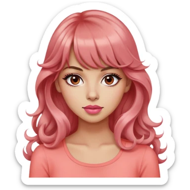 cute woman, diva, popular girl, rolling eyes, light tan skin, black eyes, very long wavy auburn hair, bangs, pink top, coral lipstick sticker