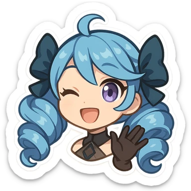 chibi style Gwen from League of Legends, only head, right eye purple, one hand waving with glove, smiling and energetic sticker