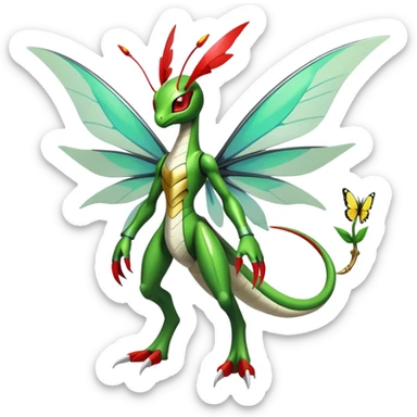  Cool Edgy Shiny Futuristic Ethereal Legendary Kartana-Digimon-Schyther-Flygon-hybrid full body with butterfly wings sticker