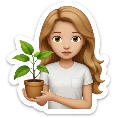 Girl with long light brown wavy hair and white t-shirt with plant on hand sticker