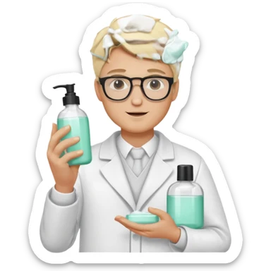 blonde man with white coat and glasses holding skincare products sticker