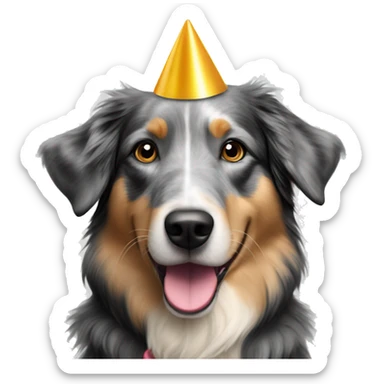 black and grey australian shepherd golden retriever mix with a party hat on sticker