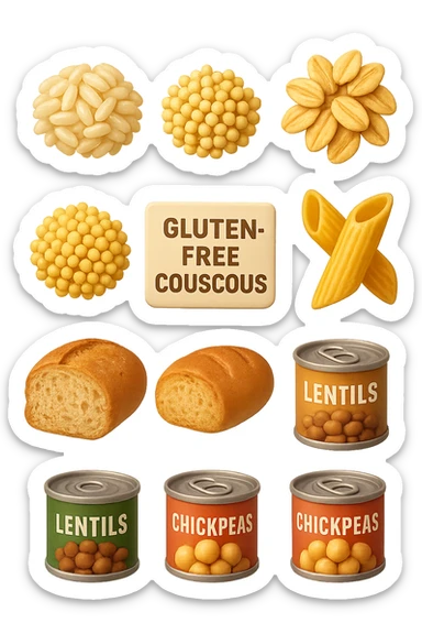 emoji stile iphone 3d di questi elementi che fluttuano in aria:

Riso, quinoa, avena, miglio, couscous senza glutine
Pasta e pane gluten-free
Farro a lievitazione lunga
Lenticchie e ceci in scatola

 che fluttuano in aria, iperealistico 4k sticker