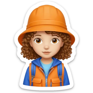 A little girl student curly brown hair, with beige bucket hat, orange jacket, blue backpack sticker