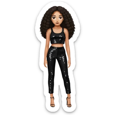 Solange with long dark brown hair, black sequin crop top, black sequin pants sticker