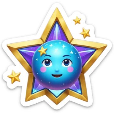 Uma esfera translúcida com reflexos roxos e azuis envolve uma estrela dourada brilhante no centro, criando um visual etéreo e futurista sticker