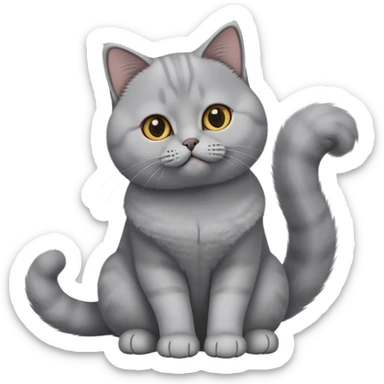cinematic-[British shorthair cat]-realistic-full-body-sitting-emoji,-tail-curled-playfully-around-its-paws,-head-tilted-dramatically,-fluffy-[grey]-fur,-simplified-yet-hilariously-adorable-features,-highly-detailed,-glowing-with-an-almost-sarcastic-glow sticker