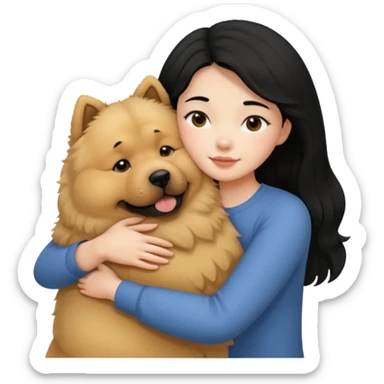 A girl with black hair hugging a beige fluffy chow chow dog sticker