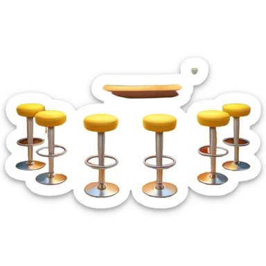 A 3D cartoon bar counter with tall stools, hanging yellow lights, and shelves filled with colorful bottles in the background. Smooth textures, warm ambient lighting, realistic reflections, dark background, Memoji-style design. sticker