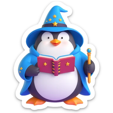 chubby penguin in wizard attire, with a long beard and a spellbook, surrounded by sparkles sticker