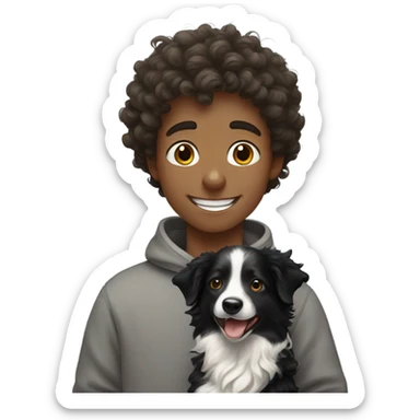 A happy curly-haired boy in a sweatshirt holds a border collie sticker