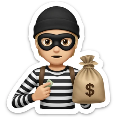 running robber wears black eye mask, black beanies and black and white stibes shirt with one brown money bag beside him sticker