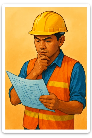 Сгенерируй мне индонезийца в чуть рисованном стиле, в каске и с чертежом в руках. По пояс. На однородном фоне. Он строитель и смотрит в чертеж и думает. Ярко, красиво, красочно sticker