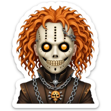 steam punk Megadeth - pinhead Hellraiser corpse made of rusty metal with chains on its teeth, huge curly orange hair sticker
