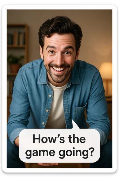 a charismatic man leaning forward, smiling and asking 'How's the game going?' with a playful expression sticker