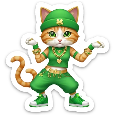 female cat dressed in hip-hop Run DMC style with green outfit, shamrock accessories, gold chains, bling, St. Patrick's Day, break dancing sticker
