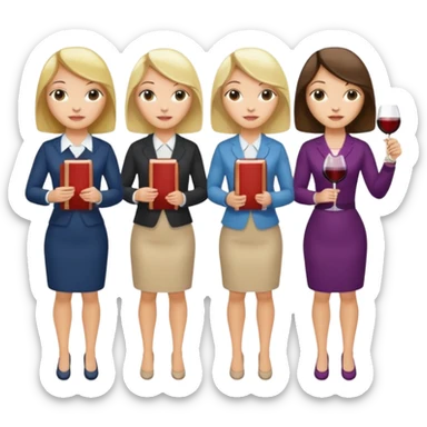 4 gals, each holding books and a wine glass. One has a blonde bob, one has a brunette bob, one has blonde long hair, and one has brunette long hair. sticker