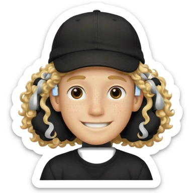 blonde boy with long curly hair past his hears and a LA hat, smiling, wearing a black shirt with freckles sticker