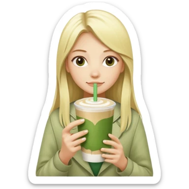 blonde luxury long hair girl with 1 matcha latte and 2 straws sticker