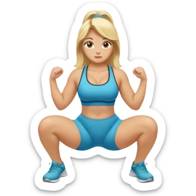 curvy blonde fitness trainer, back view, squatting on her soles, SFW, athletic, friendly expression, no explicit content sticker