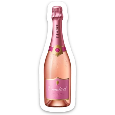 bottle of sparkling rosé champagne with a rose logo on the label, tilted up and to the right, no glass sticker