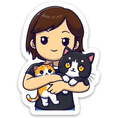 Brown straight-haired girl with black top, white cat with yellow eyes, and calico cat sticker