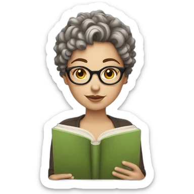 white girl with round silver glasses and really short brown curly hair reading a book sticker