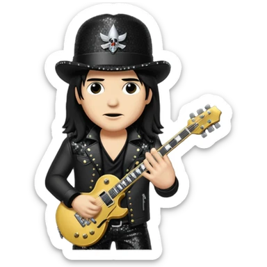 Slash from Gun n Roses with long jet black hair, black sequin outfit sticker