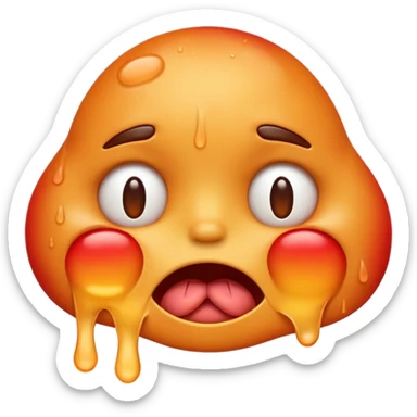 Apple-style emoji illustration of a melted, overheated face with sweat drops, half-closed exhausted eyes, tongue slightly out, warm orange and red tones, soft 3D emoji style, smooth gradients, rounded shapes, simple expression, centered composition, transparent background, no text. sticker