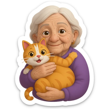Make the grandmother look older with more wrinkles, gray hair, and age spots in a 3D emoji style. She is holding one cat. The background should be transparent with no background. sticker