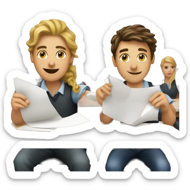 2 European students sitting at desks. They are throwing paper sticker