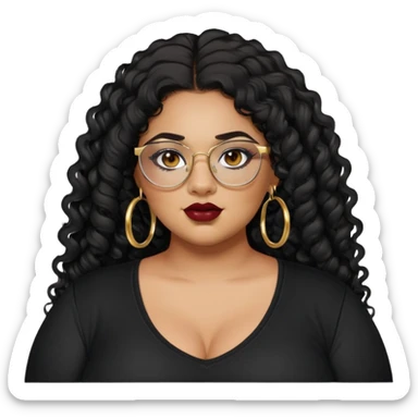 teen big plus size, latina, darker tan skin, gold hoops, long black curly hair, baddie,pretty, makeup, dark red lipgloss, black eyeliner, long hair, black shirt, BLACK glasses sticker