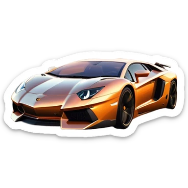 Lamborghini Aventador speeding down Sunset Avenue at dusk, headlights blazing. The sky glows in warm sunset hues, reflecting off the sleek car. Motion blur emphasizes speed, with palm trees and city lights in the background. Transparent background. sticker