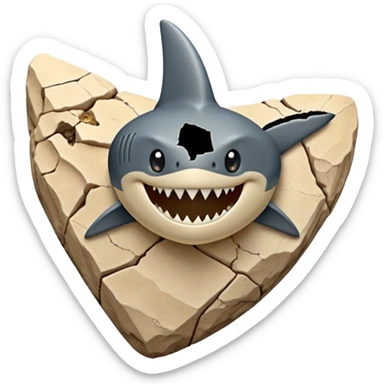 3D render of Shark Tooth, embedded in a chunk of rough sedimentary rock, cracked stone texture, ancient fossil aesthetic, shiny black enamel tooth embedded in beige sand, matte dry finish, Apple emoji style, isolated on white background --v 6.0, only shark teeth sticker