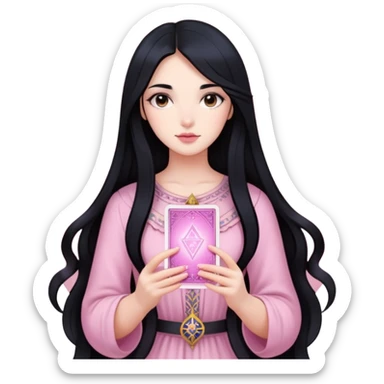 long black hair girl with light pink tarot cards sticker