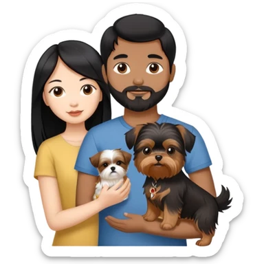 A beautiful Asian girl with long black hair is holding a Yorkshire Terrier. She is standing next to her brown skinned boyfriend, who is holding a Shih Tzu. They are each holding one dog each sticker