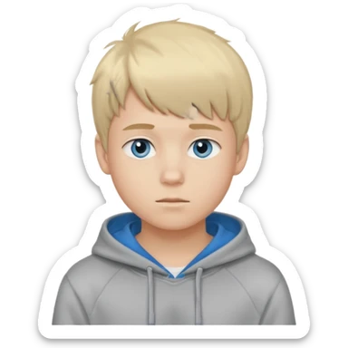 Teen boy with blue eyes and Grey hoodie standing up with blond short hair and fluffy bangs sticker