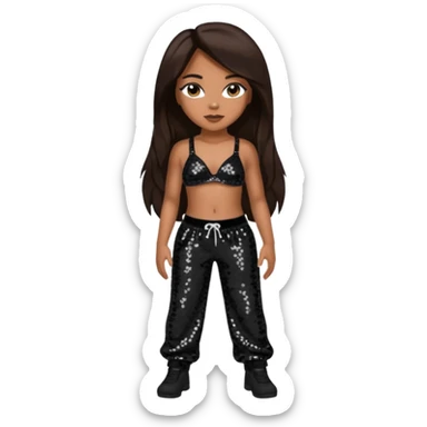 Aaliyah with long dark brown hair, black sequin bra, black sequin baggy pants sticker